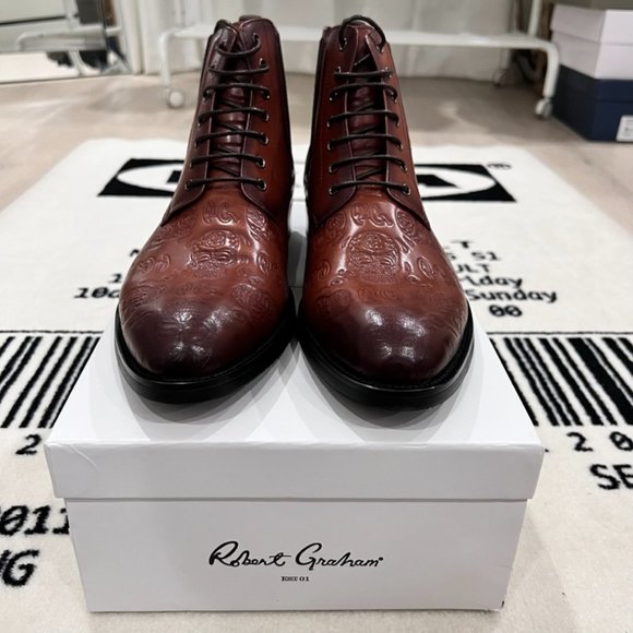 Robert Graham Hyperspace Skull & Logo Embossed Leather Lace Up Boots - Picture 2 of 6